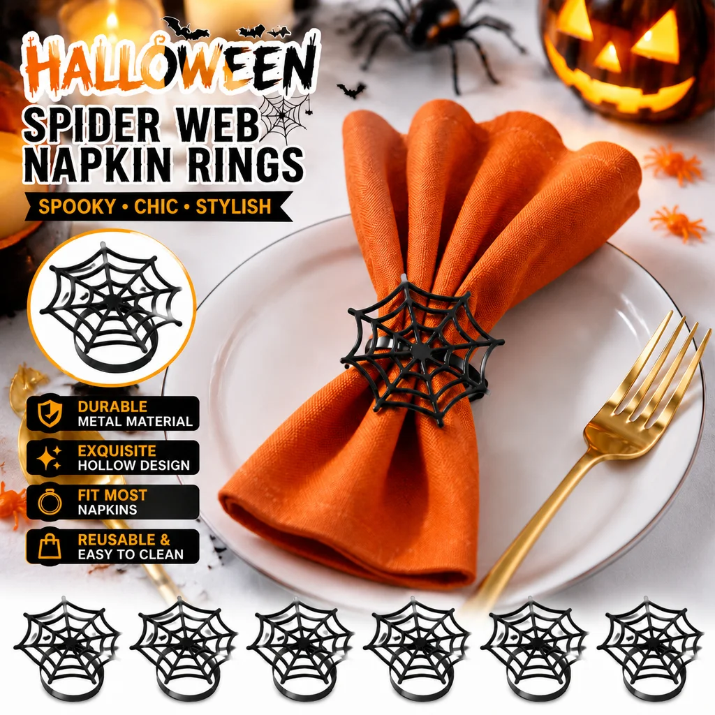 Halloween Spider Web Napkin Rings Black Metal Napkin Holder Horror Ghost Table Decor Table Napkin Buckle Holiday Party Ornaments