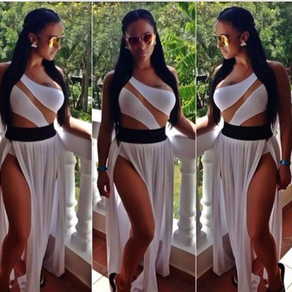 Vestidos largos Blanco Sexy Bodycon Maxi Club Vestido Un hombro Vestido recortado Verano Nigh Club Vestidos de fiesta