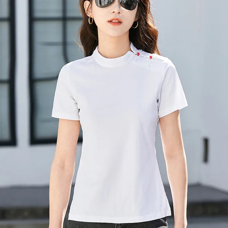 Summer New Side Button Round Neck Simple Short Sleeve Top Cotton Women's Slim Fit Solid T-shirt