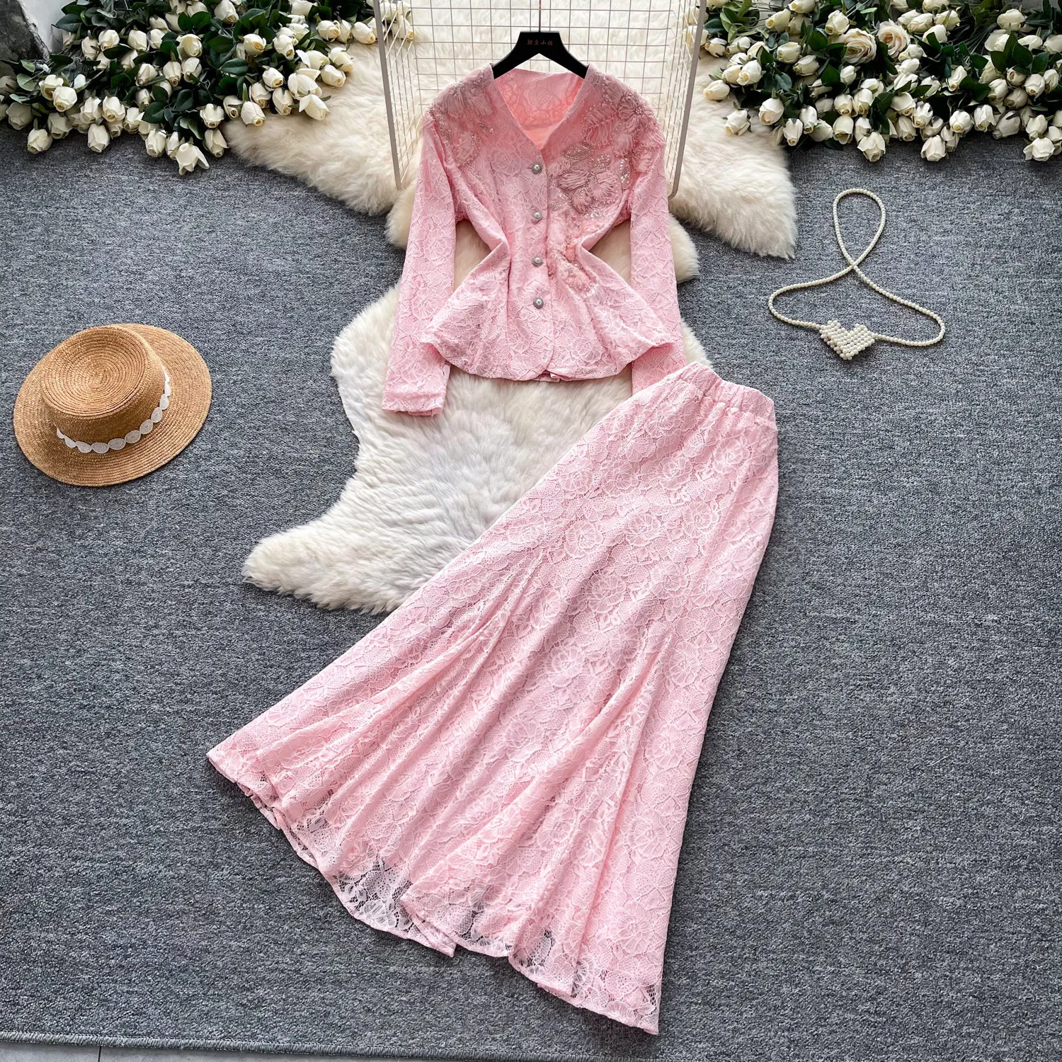 Women Two Piece Sets Skirt Set V Neck Full Sleeve Tops Lace Long Skirts A Line High Waist Y2k Streetwear Elegant Work Autumn