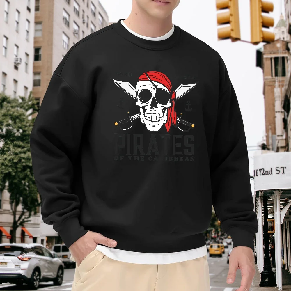 

Men's Black Crew Neck Loose Sweatshirt with Pirates of the Caribbean Skull Print, Street Style Casual Top, Comfortable and Soft for Everyday Wear