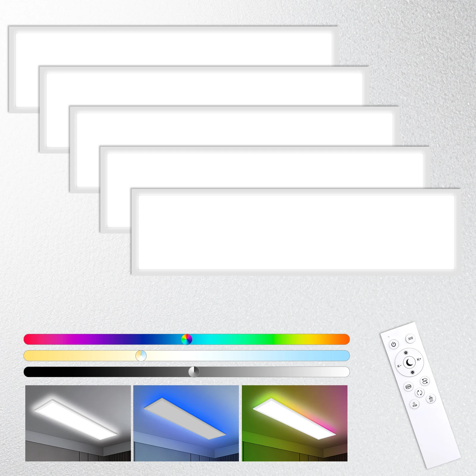 5PCS 100cm RGB LED Panel Ceiling Light, 30W 3300LM, 3000–6500K, Remote & Memory, for Living Room, Bedroom, Kitchen, Office