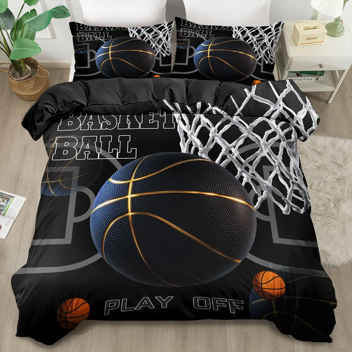 

Black Duvet Cover Set Basketball Print Quilt Cover, King Queen Style Bedding Set Quilt Decor, Bedroom Guest Room, Birthday Gift