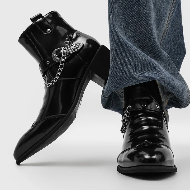 Popular Men Chain Chelsea Boots with Buckle Decoration Pleated Pointed Personality Punk Style High-end Feel Street Fashion Boots