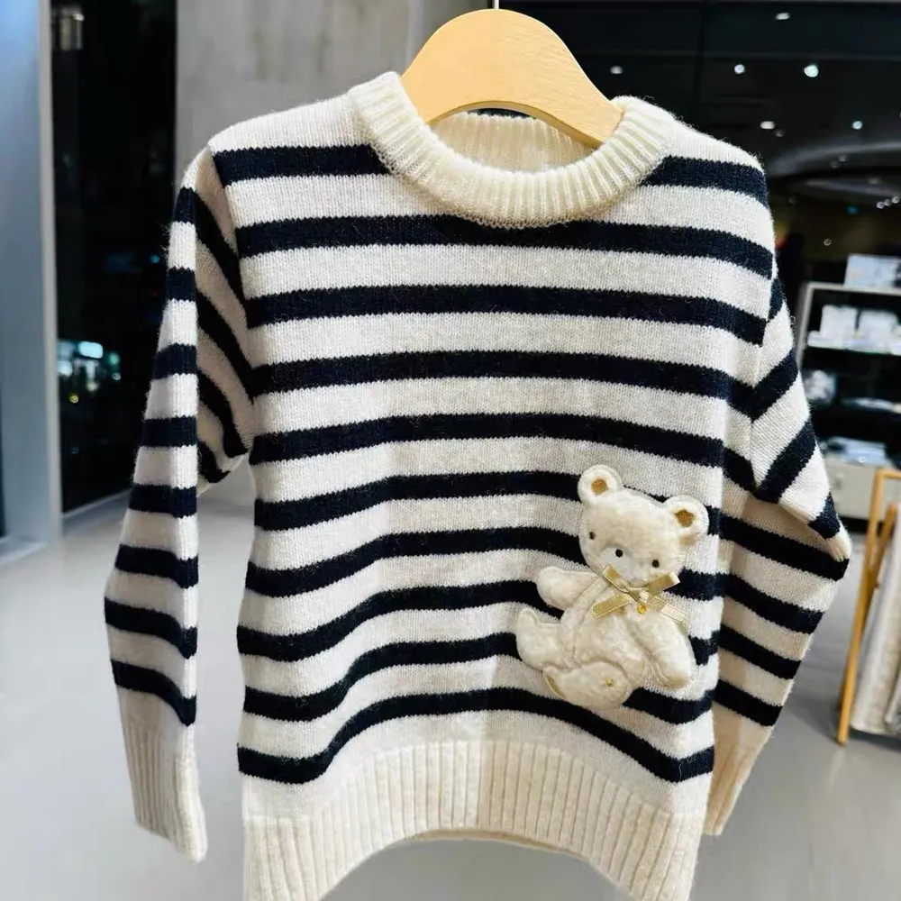 

spring boys' and girls' sweaters kids clothes girls Cartoon bear pattern striped pattern knitted sweater pullover clothes
