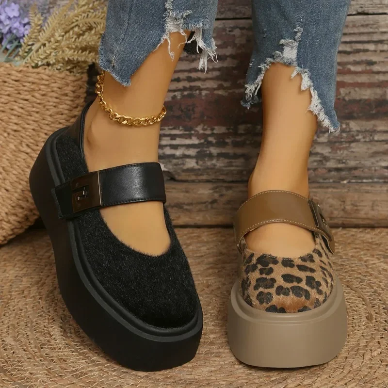 Zapatos informales y versátiles con estampado de leopardo para mujer, zapatos de plataforma con punta redonda, antideslizantes, suela gruesa, aumento de altura