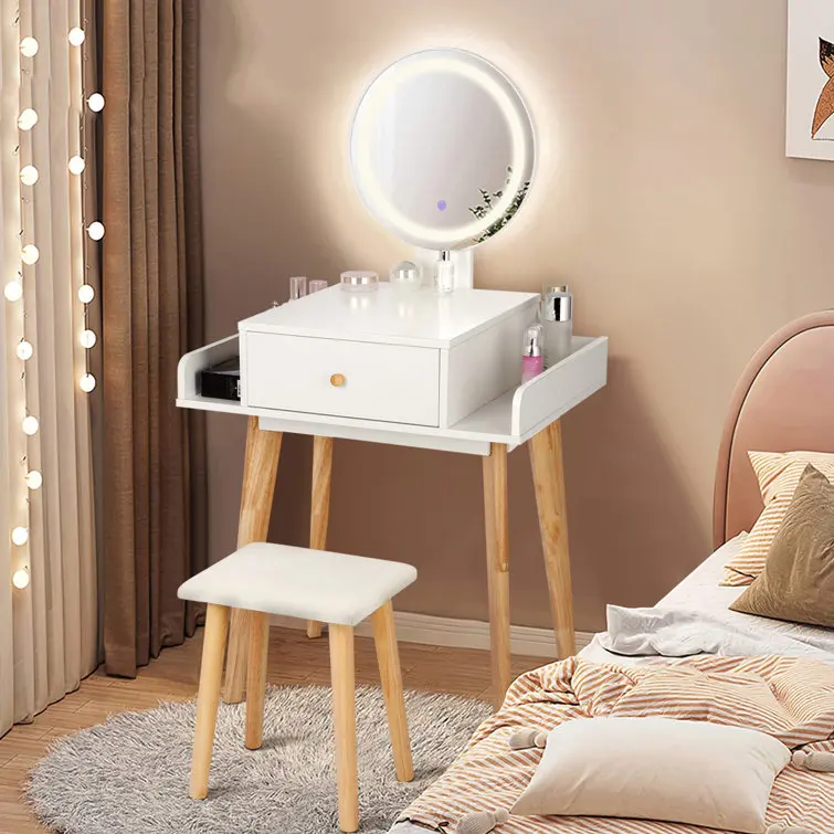 Comò intelligente da 28 pollici di larghezza con sgabello e specchio Comò elegante, moderno e semplice