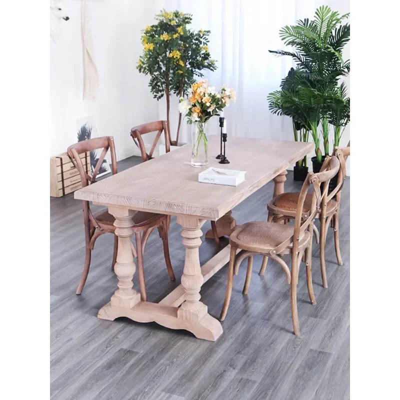 American country old all solid wood dining table household small apartment restaurant pine dining table log leisure table and ch