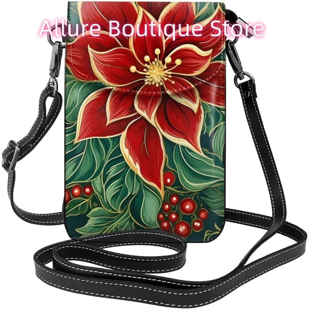 

Christmas Art Plant Flower Crossbody Bag for Women PU Leather Small Travel Cell Phone Pouch Lightweight Mini Phone Purse Wallet