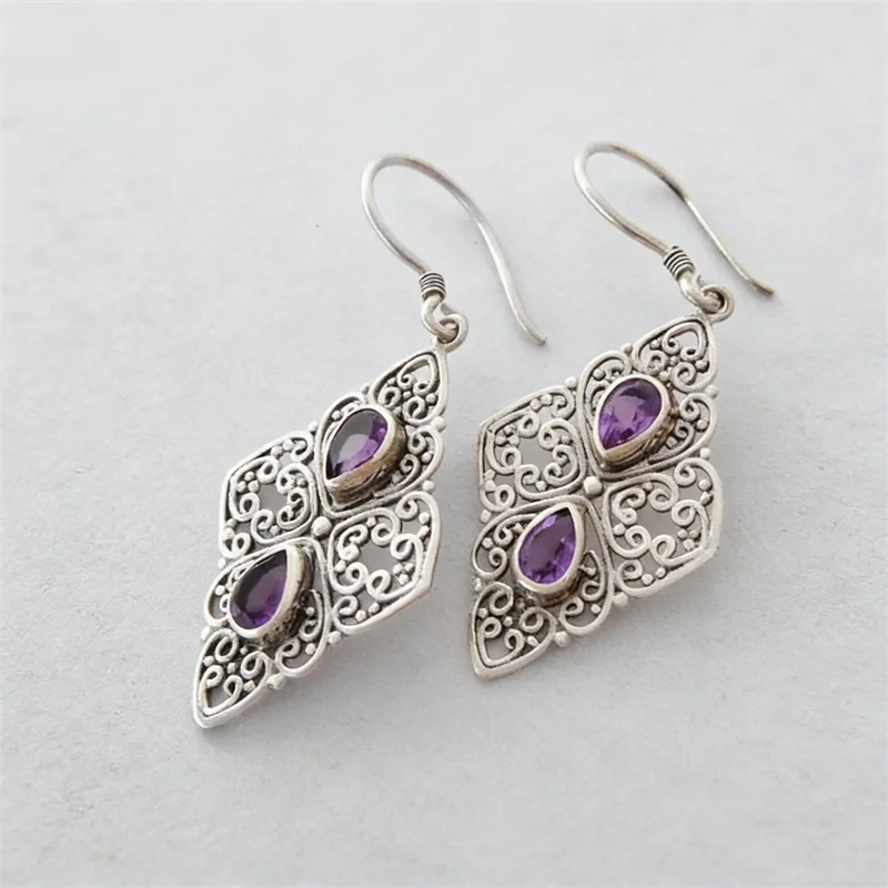 Vintage Silver Color Water Droplets Purple Stone Earrings Personality Metal Carving Pattern Geometry Hollow Dangle Earrings