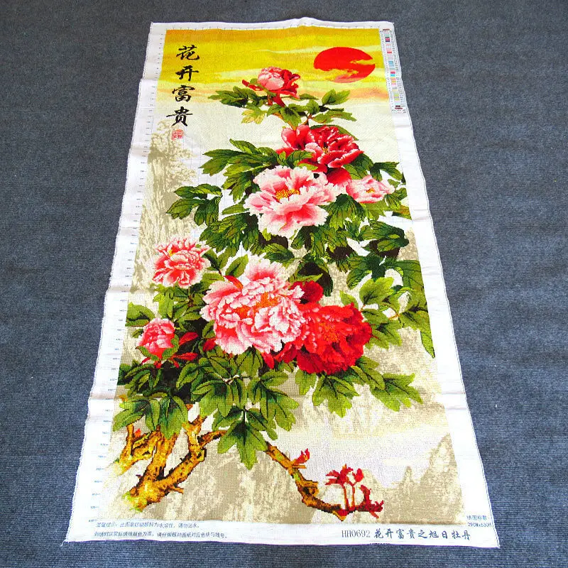 Hand embroideredcross stitch finished product blooming flowers, wealth, rising sun, peonies living room home decoration wall art