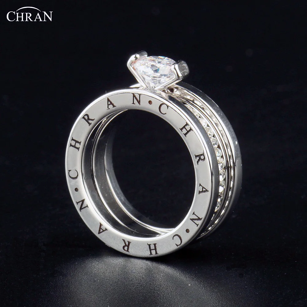 CHRAN Classic Zircon Wedding Bridal Ring Set Three Layers Elegant Luxury Engagement  Rings For Women  Girls Jewelry Gift