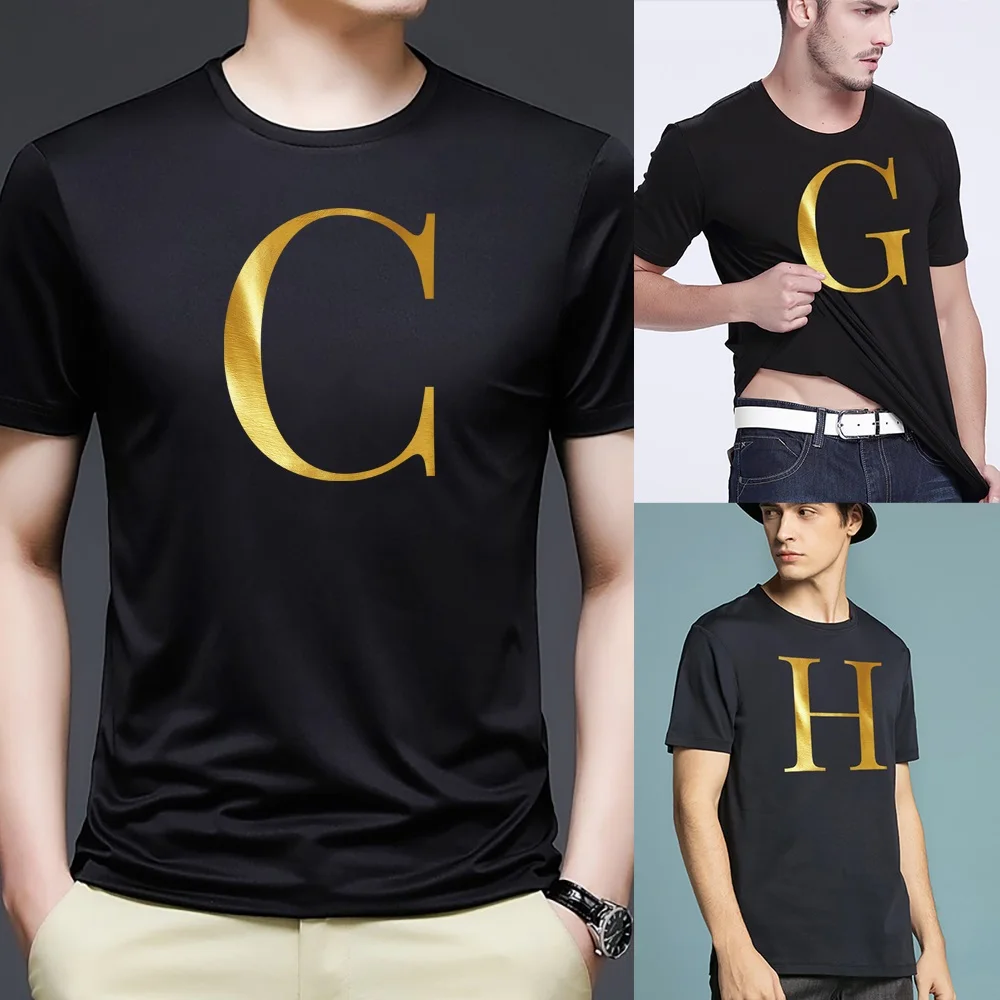 Letter Combination Fashion Men T-shirt Letter Font A B C D E F G Short Sleeve Tops Summer Short Sleeve Black T-shirt Clothing