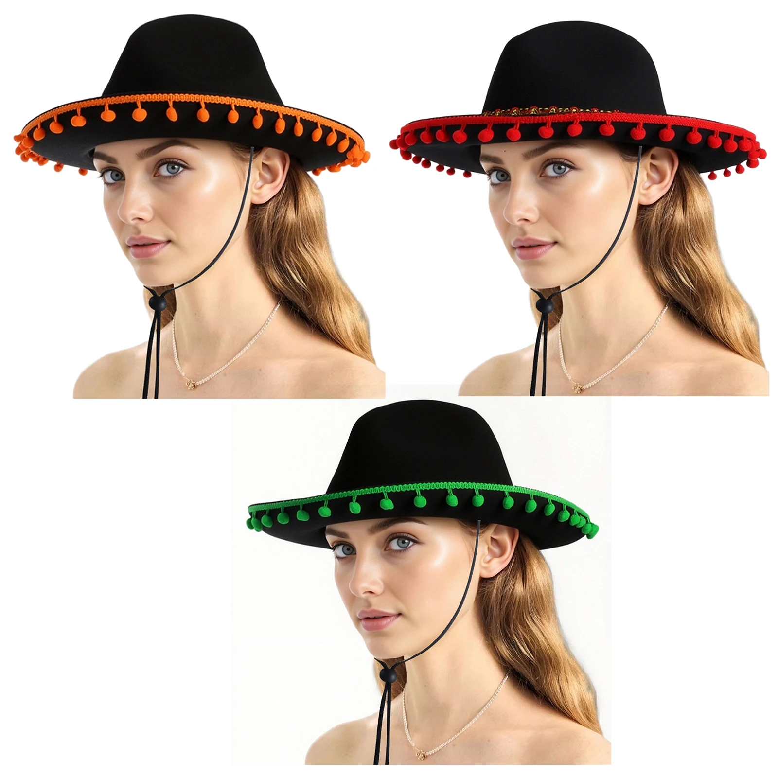 

Sombrero Halloween Party Decor Mexican Hat Wide Brim Felt Hat Woven Embellish Drawstring Hat Adult Summer Outdoor Sun Hat Caps