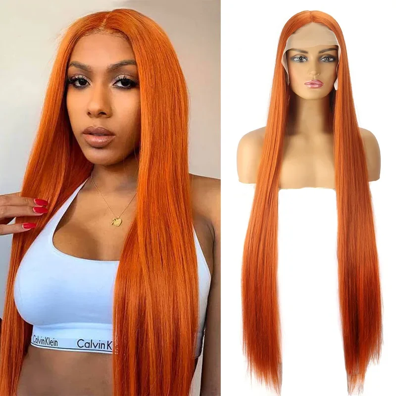 40 Inches T Part Lace Wig Extended Straight Hair Ginger Color Lace Front Wigs Synthetic WigS for Women Frontal Lace Wig