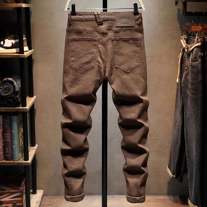 Y2Kfashion new men's jeansY2K  washed with nostalgia Elastic slim zipper decoration retro khaki jeans designer high-quality