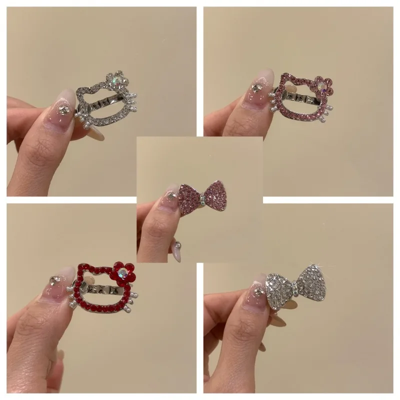 

Kawaii Hello Kitty Hairpin Magnetic Attraction Diamond Cartoon Bow Girl Decoration Side Notch Clip Women Accessories Wholesale