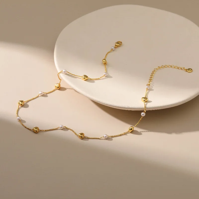 Minimalist Link Chain Necklace with Heart Beads 18k Gold Plated High Quality Waterproof Necklace for Women Jewelry Accessories