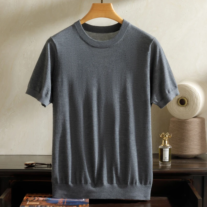 Men's 100% cashmere T-shirt business casual knitted sweater short sleeved pullover round neck Tees basic fine spun cashmere Tops