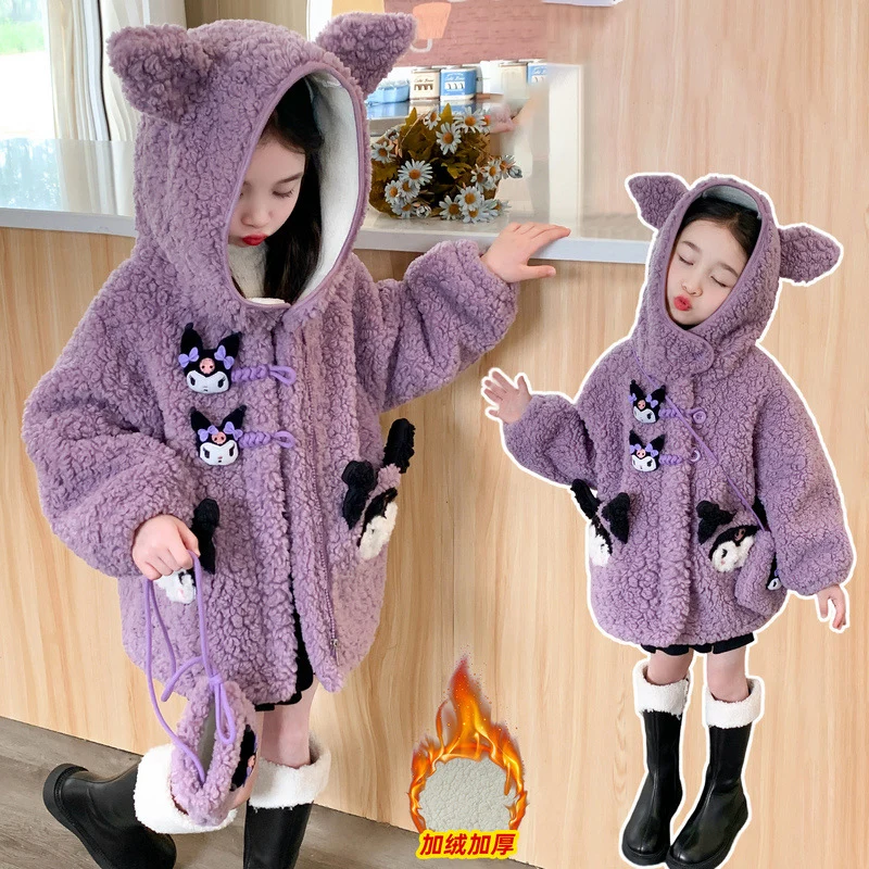 

Sanrio Kuromi, детская верхняя одежда, куртка на флисовой подкладке, осенне-зимнее пальто из овечьей шерсти для девочек, утепленная куртка в стиле аниме, милые топы