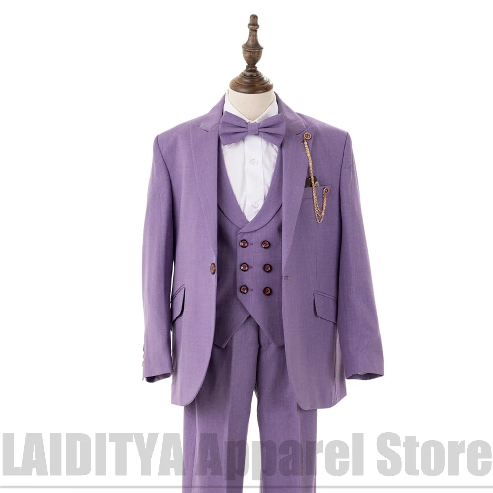 Boys Three Piece Suit Chic One Button Peak Lapel Outfit Kids Garden Wedding Page Boy Birthday Party Outdoor Photoshoot Tuxedo