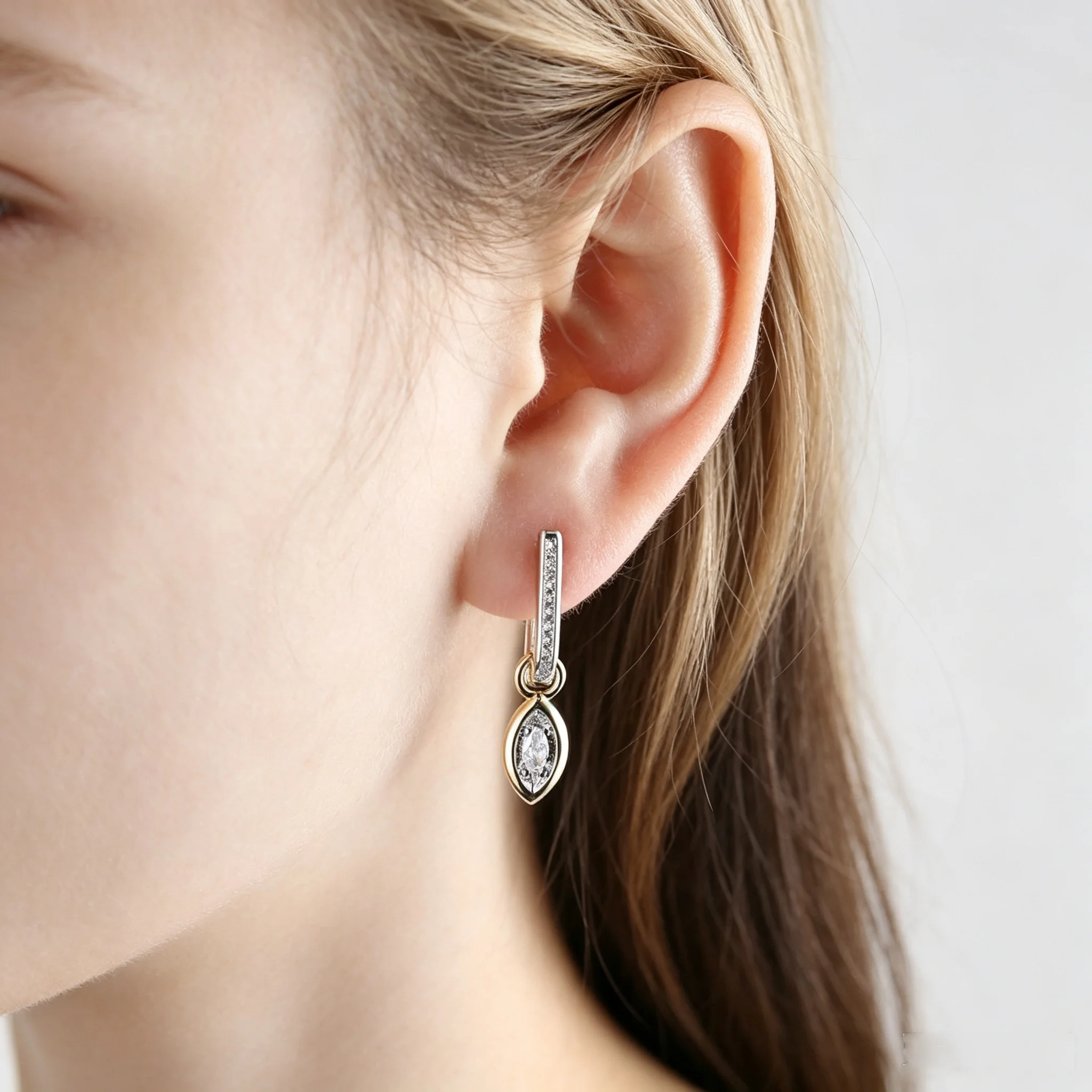 High Quality Two Tone Geometry Pendant Hoop Earrings Paved Bling Zircon CZ for Women Trendy Stackable Jewelry Gift