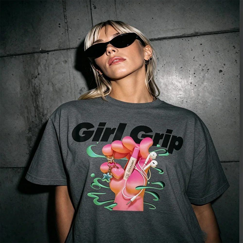 Girl Grip Y2K Unisex Tee Fluid Pink Hand Graphic T-Shirt with Lip Gloss Earphone Keychain Trendy Aesthetic Children's Clothing