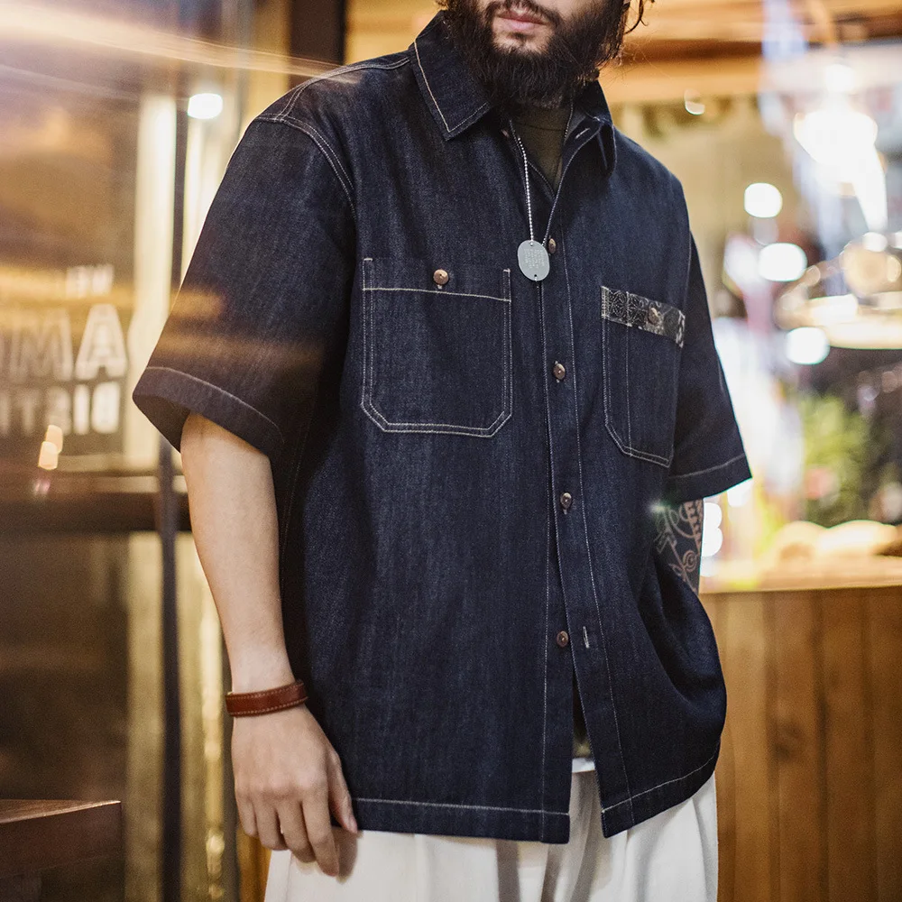 

Maden American Retro Casual Denim Blue Dye Collar irt Jaet Men Summer Loose Fit Cotton Lyocell Fiber Printed Youth Trend