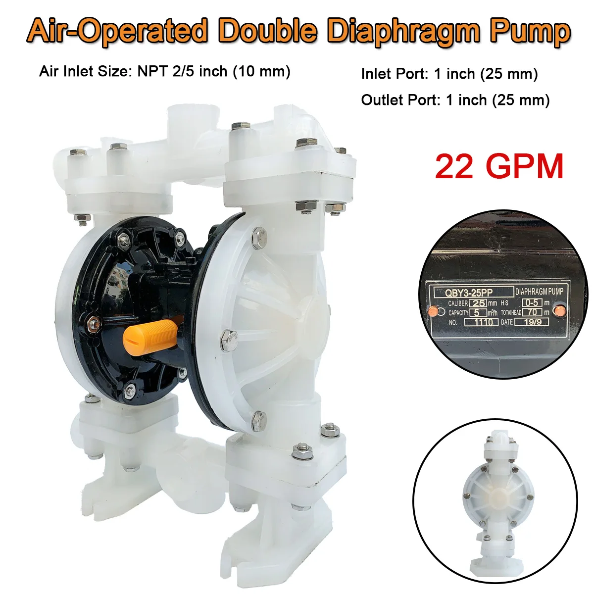 Pompa diafragma ganda dioperasikan udara pneumatik 22GPM QBY3-25APP plastik Luft Betriebene dengan Inlet dan Outlet 1 "+ Max 100 PSI