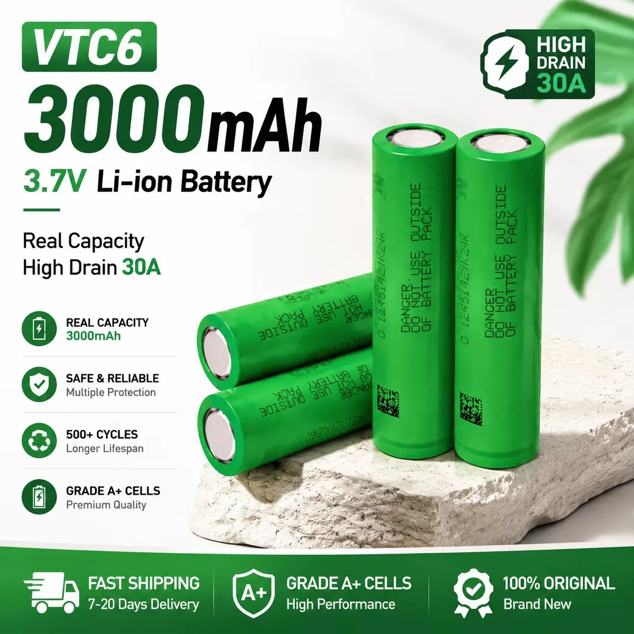 Image of 3,7V 3000mAh 18650 VTC6 Lithium-Ionen-Akku, lokal aus der Europäischen Union versandt, sicher und langlebig, hohe Entladeleistung von 30A, geeignet für LED-Leuchten und taktische Lampen.