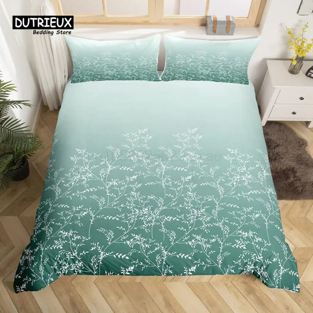 Gradient Color Duvet Cover Woodland Botanical Bedding Set Nature Rustic Tree Branch Leaf Comforter Cover Queen For Kids Adults