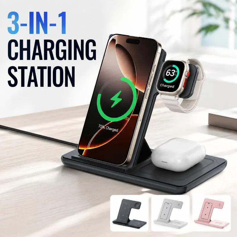 3-in-1 Magnetic Foldable Wireless Charger Stand, Space-Saving Travel Wireless Charging Station for Magnetic Smart Phone, Smart
