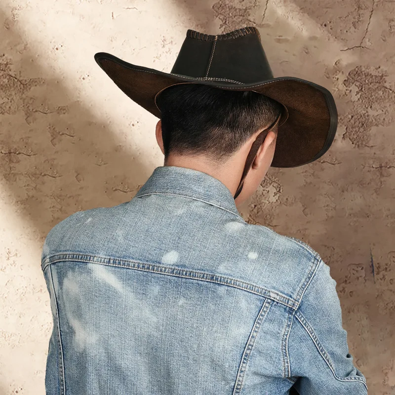 Genuine Leather Cowboy Hats Handmade Stitched Wide Brim Adjustable Chin Strap Cowhide Western Hat for Men Outdoor Sun Protection