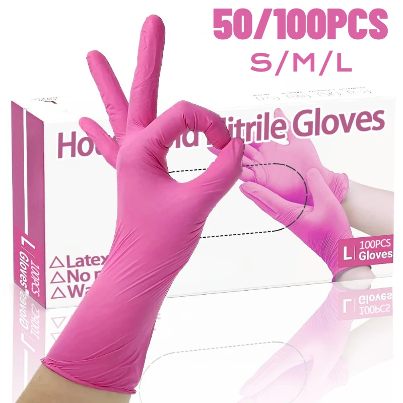 100/50PCS Pink Nitrile Gloves Disposable Gloves Latex Free Powder Free Household Cleaning Kitchen Dishwashing Hair Dyeing Gloves