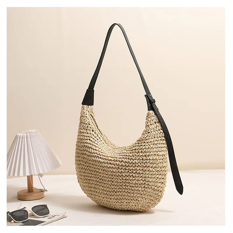 Modische Unregelmäßige Strohtasche Schulterhandtasche Einfarbig Neue Strand-Urlaubstasche für Damen Geflochtene Schultertasche Accessoire – Detail 6