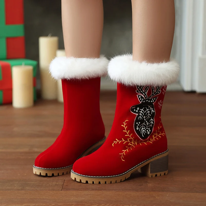 

Бархатные сапоги без шнуровки на меховой лоскутной подошве с грубым деревянным зерном и вышивкой, милые теплые сапоги с рождественским узором оленя