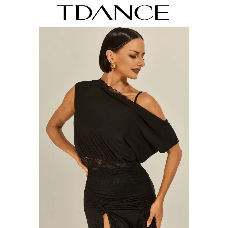 

Customized TDANCE National Standard Modern Latin Dance Practice Dress [Slanted Shoulder Lace Top] Latin Loose Daily Lesson GL309