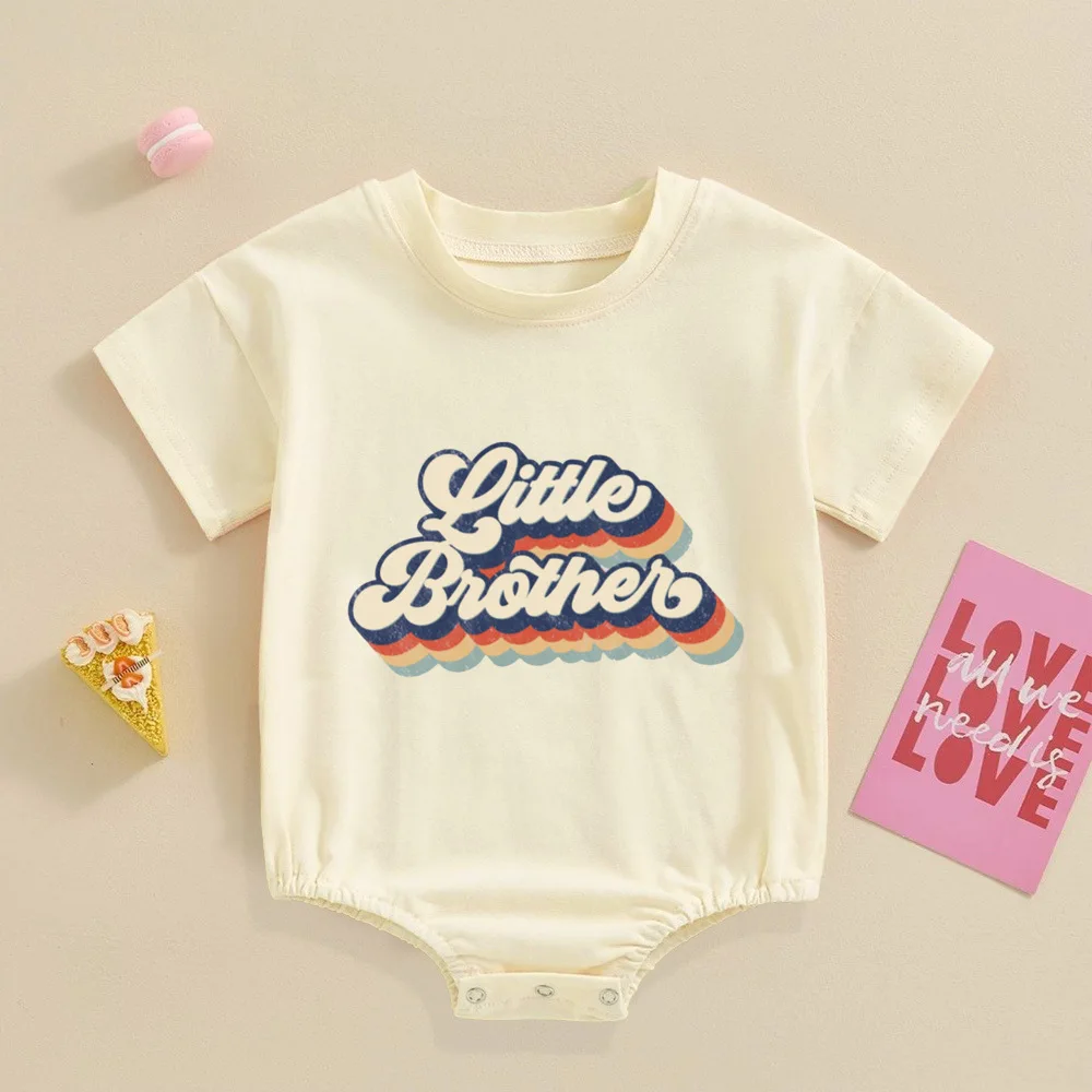 Big Bro Little Bro Printed Family Matching Outfit Shirt Retro Sibling Tee Tops Brother Sister T-shirt Baby Large Bubble Romper