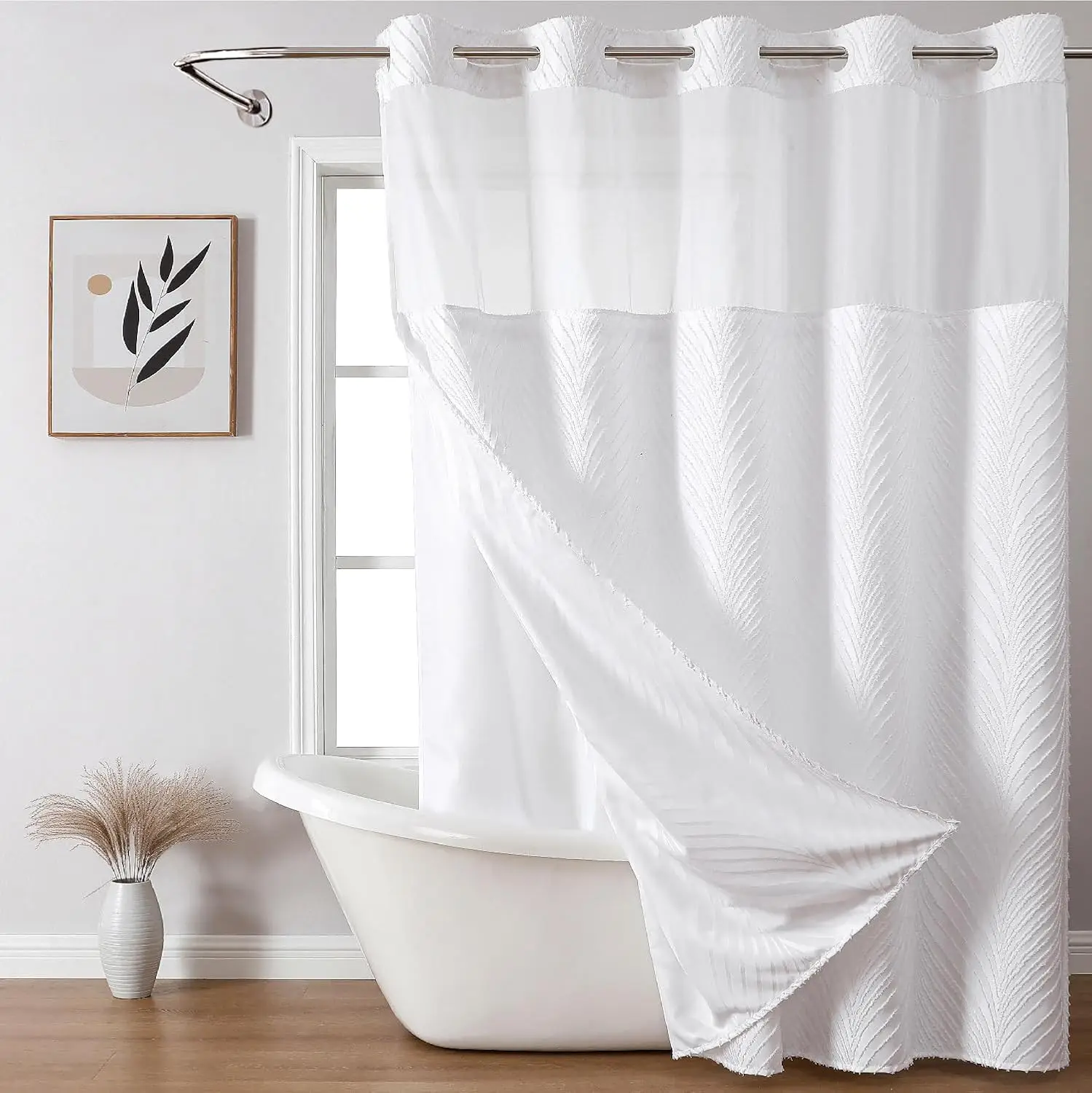 

No Hook Tufted Striped Shower Curtain Set with Snap-in Liner, Waterproof Fabric, See-Through Top Window, White 71x74