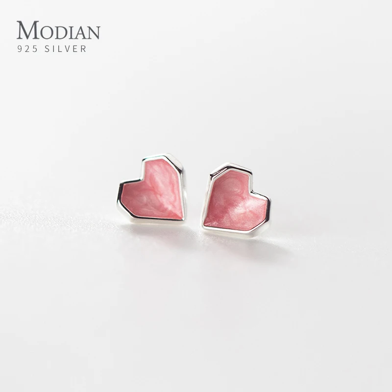 

Modian Minimalism Pink Enamel Hearts Rose Gold Color Stud Earrings 925 Sterling Silver Romantic Cute Ear Studs For Women Jewelry