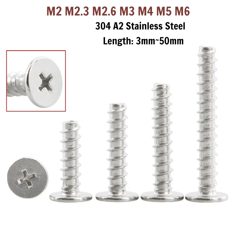 M2 M2.3 M2.6 M3 M4 M5 M6 Flat End 304 A2 Stainless Steel Cross Phillips Super Ultra Thin Flat Wafer Head Self-tapping Wood Screw