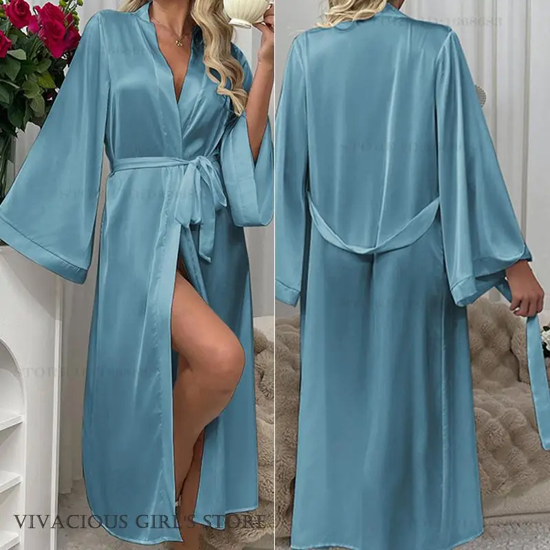 Spring Autumn Female Long Robe Kimono Gown Bathrobe Sexy Silky Satin Sleepwear Nightgown Loose Casual Home Dress Lounge Wear