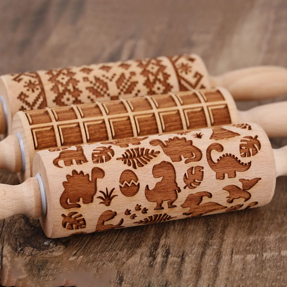 Arjmide Grid Dinosaur Rolling Pin for Baking Deep Engraved Wooden Embossed Judaism Mini Small Rolling Pin Cookie Tool