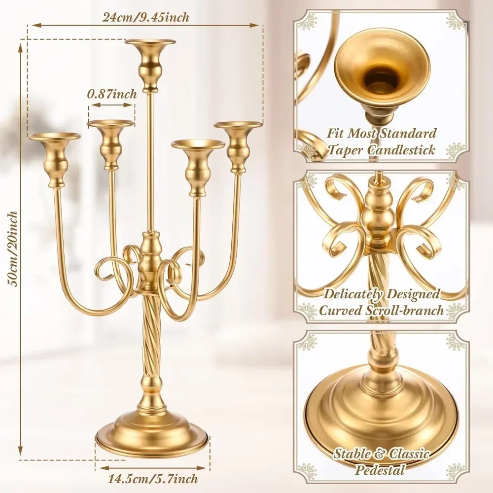 6 Pcs Gold Candelabra Candle Stand Metal Candlestick Holder 5 Arm Candelabra for Taper Candles for Table Centerpieces Wedding