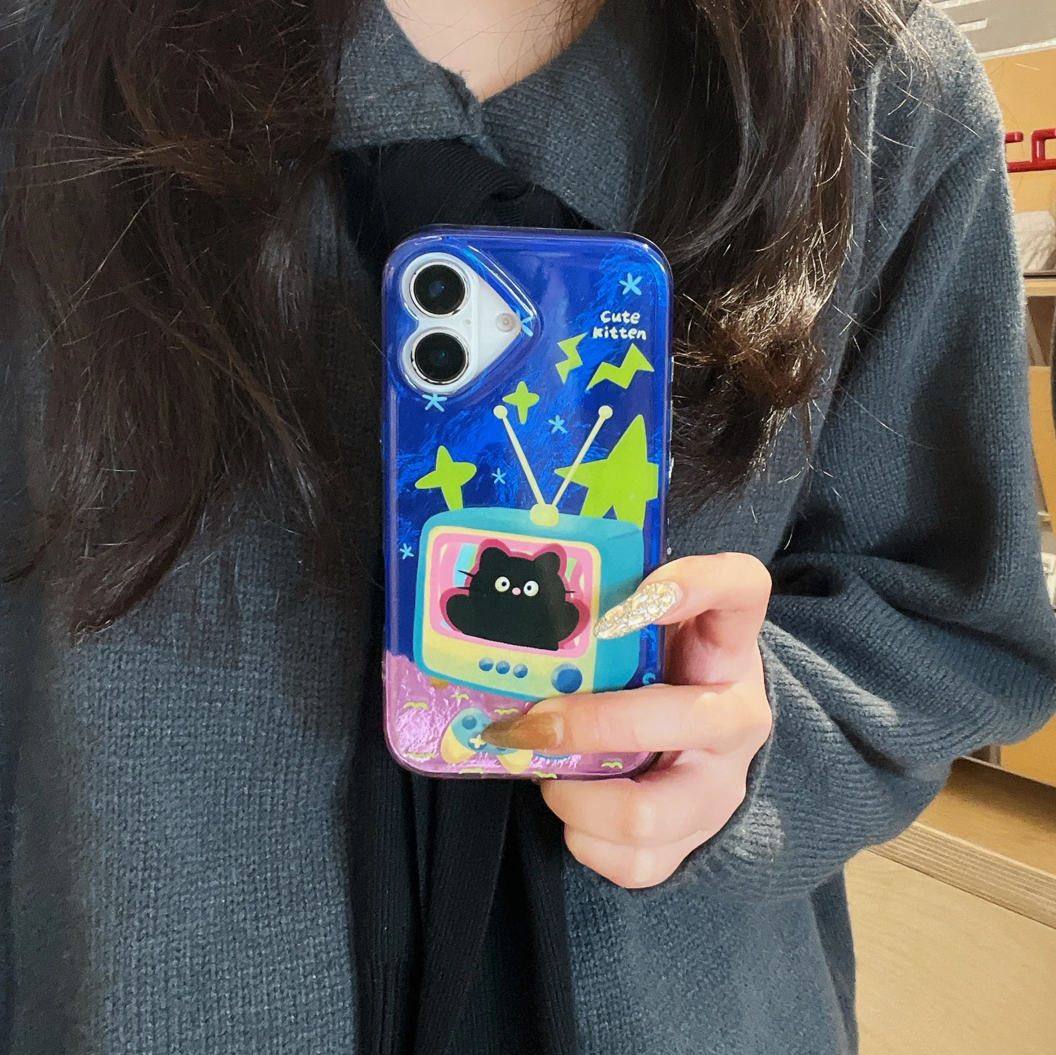 Cartoon INS Blue Kitten in TV Double Layers IMD Lovely Phone Case for iPhone 16 15 14 13 Pro Max Back Phone Cover Capa