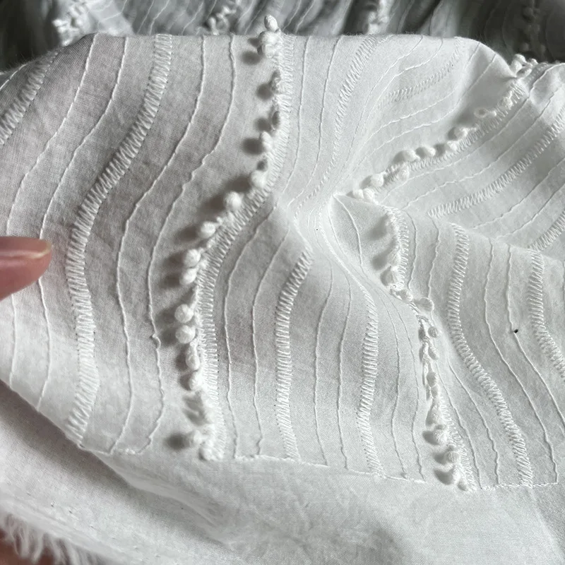 Cotton Embroidered Lace Fabric with Tassel Small Ball for Apparel Sewing Curtain Decorative Sewing Fabric