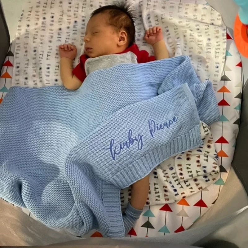 Manta de bebé con nombre bordado, manta de cochecito, regalo de bebé recién nacido, punto de algodón suave y transpirable, regalo de Baby Shower