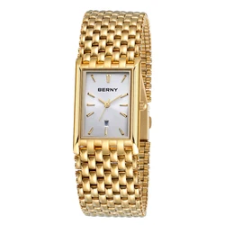 BERNY Quartz Men Watch Luxury Gold Brand Men's Wristwatch Square Waterproof Clock Stainless Steel Golden rectangular Men Watch