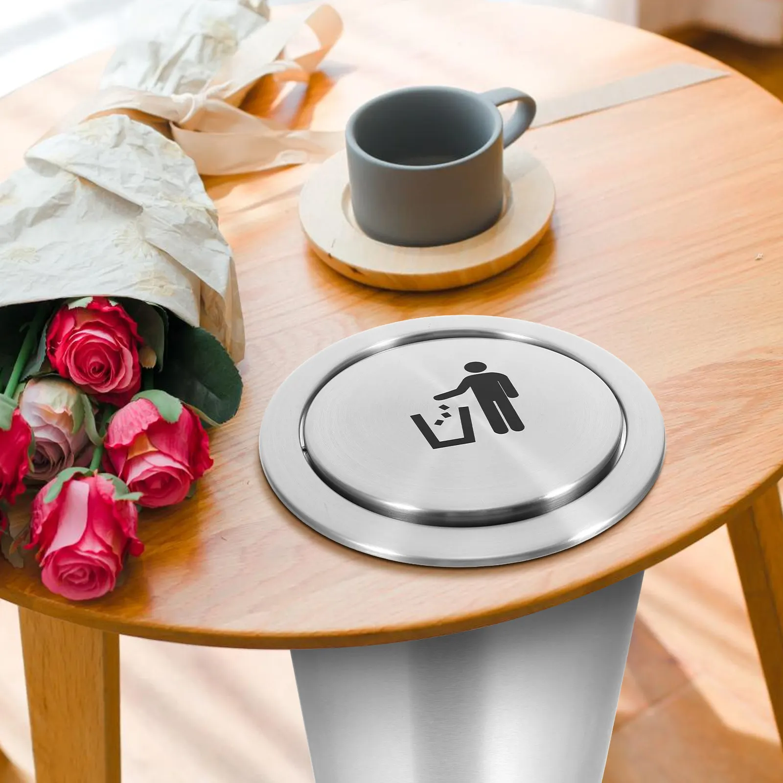 Swing Top Stainless Steel Recessed Trash Bin Lid for Kitchen Bathroom Countertop Garbage Can Cover Trash Chute