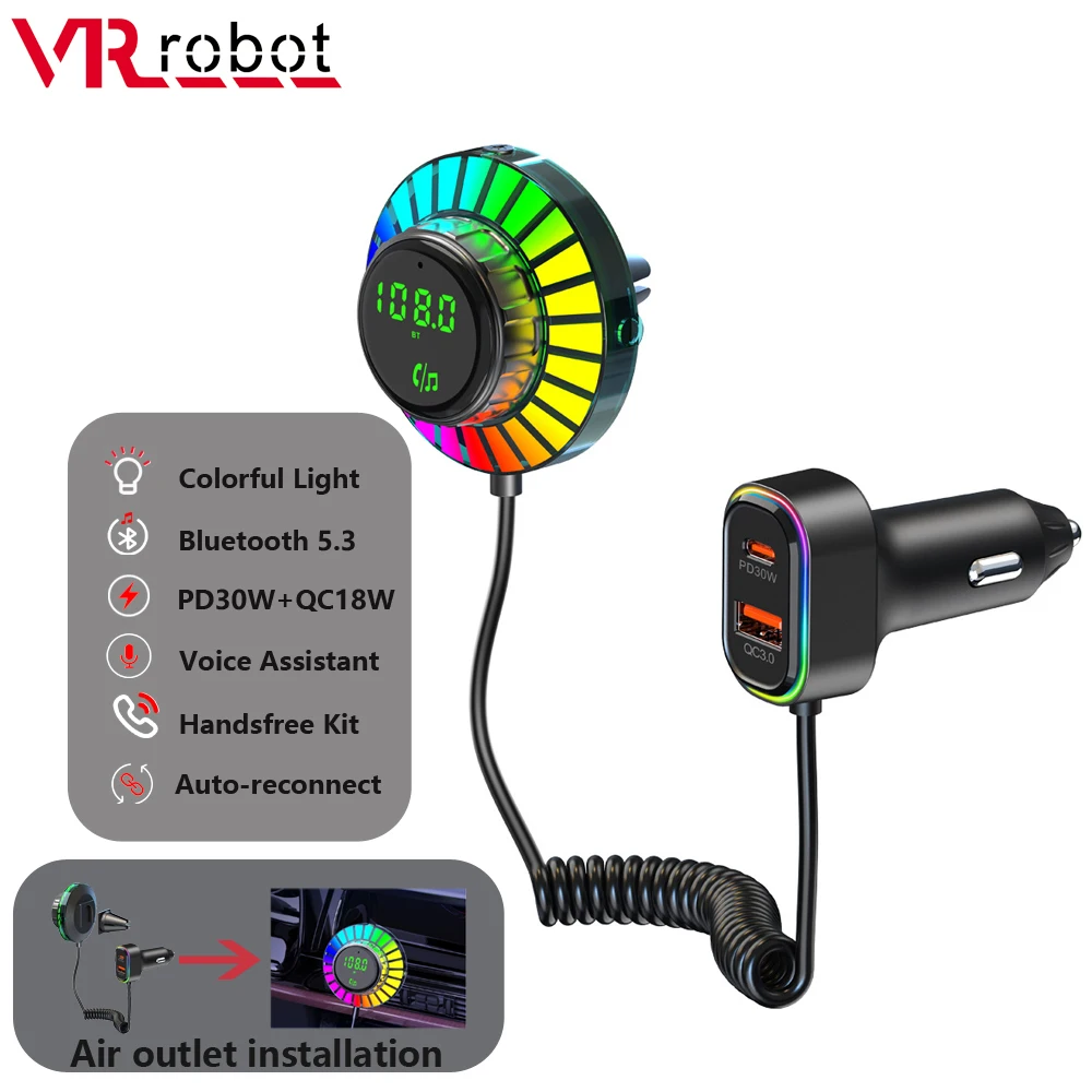 

VR Robot Bluetooth 5.3 Car FM Transmitter Wireless MP3 Player Handsfree Kit Voice Assistant Adapter PD30W Car Fast Charging